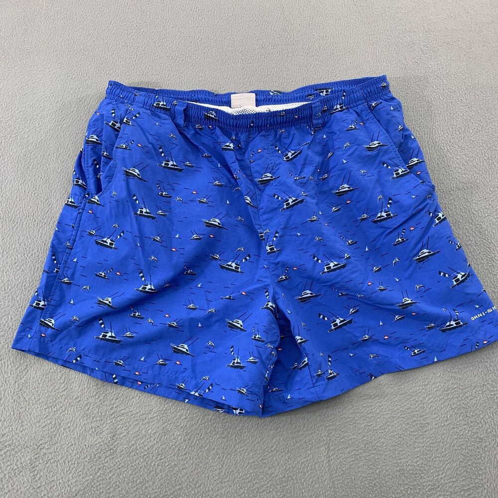 Columbia PFG Shorts Mens XL Blue Boat Print Swim Trunks Lined Quick Dry Pockets